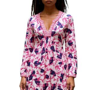 J Mclaughlin Tunic Sweater Top Size Large Pink Purple Abstract Floral Stretch